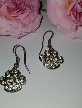 Crystal Paw Print Dangle Earrings - Pink